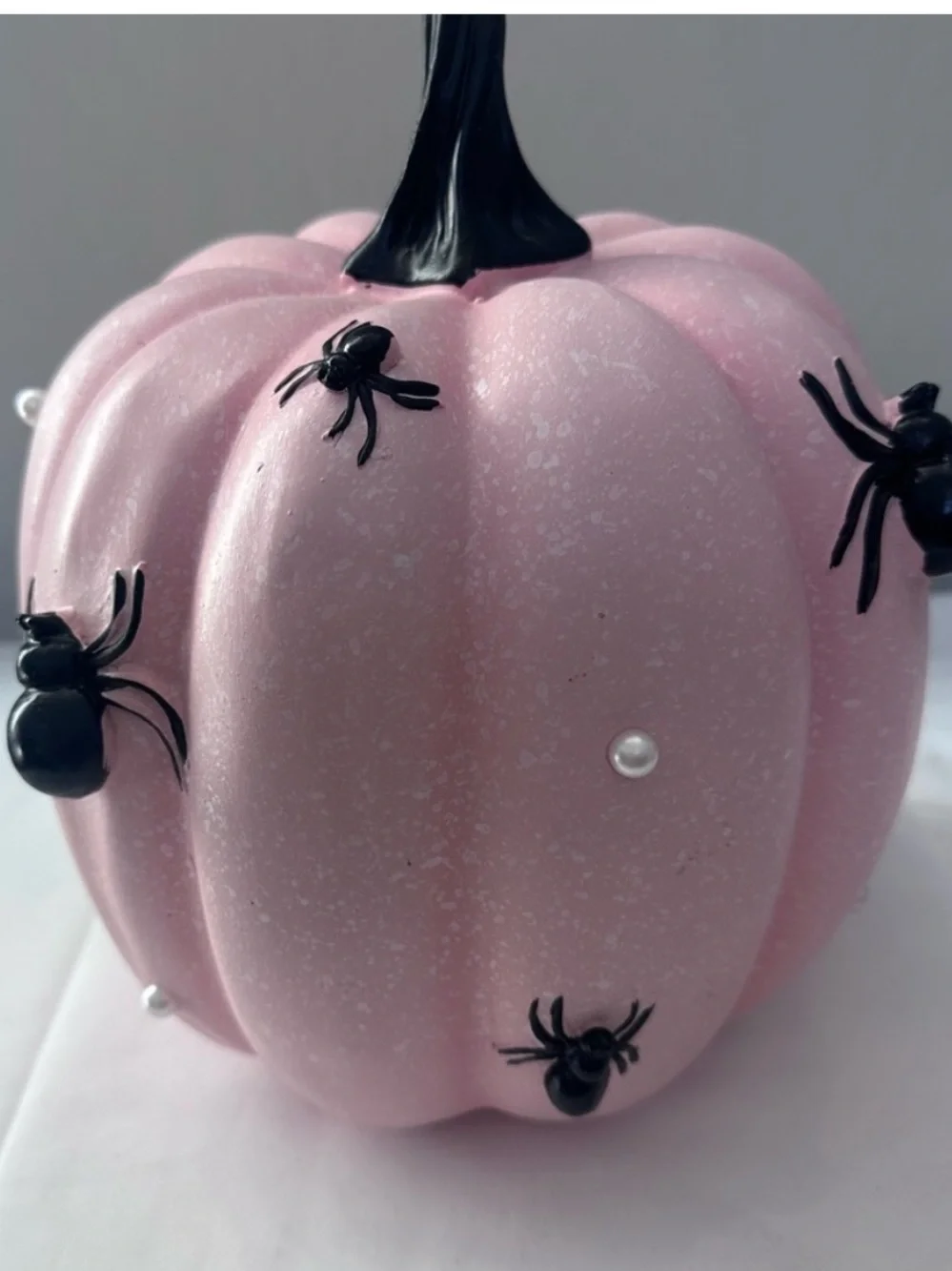 Pink Halloween Pumpkin Decor Black Spiders Faux Pearls 9.5” Tabletop